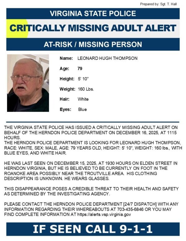 A missing person flyer for 79-year-old Leonard Thompson of Herndon, Virginia.