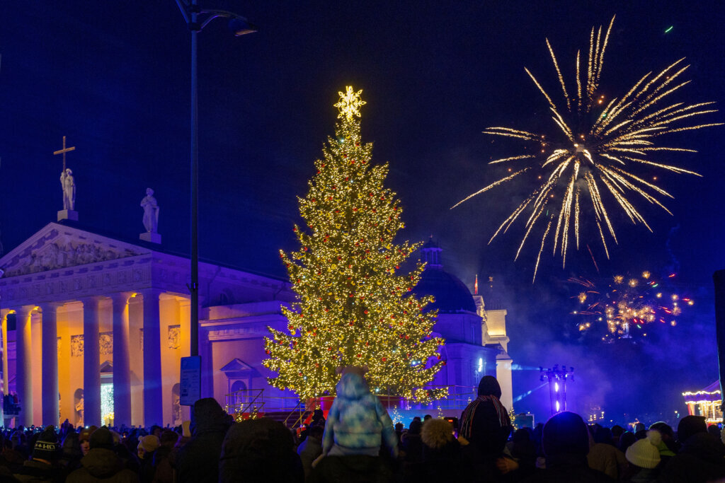Fireworks light the sky above an illuminated Christmas tree at the Cathedral Square, in Vilnius, Lithuania, shortly after midnight during the New Year's celebrations, Thursday, Jan. 1, 2026. (AP Photo/Mindaugas Kulbis)