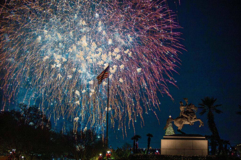 Fireworks go off at midnight on New Year's Day in Jackson Square, named after President Andrew Jackson depicted on the horse statue in the French Quarter in New Orleans, Thursday, Jan. 1, 2026. (AP Photo/Matthew Hinton)