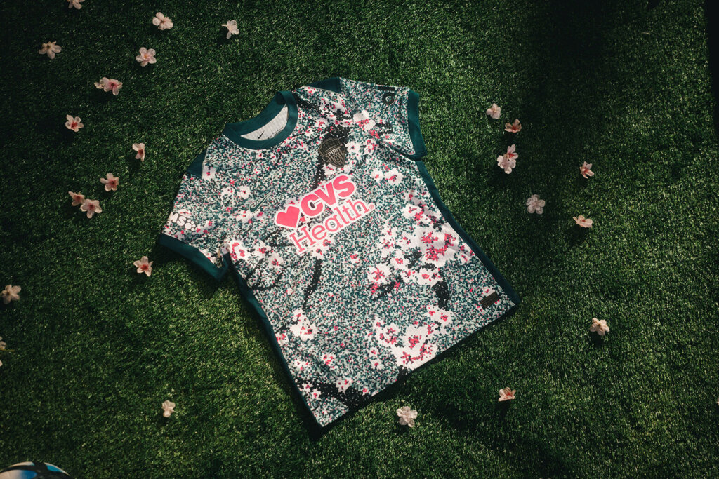 A close-up of the Washington Spirit's new cherry blossom jersey.
