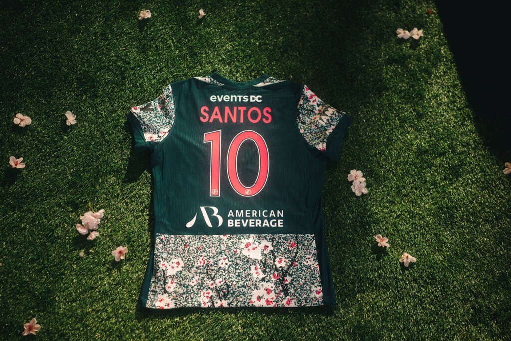 The back of the jersey has a solid green panel that highlights the players’ names and jersey numbers — now in pink.
