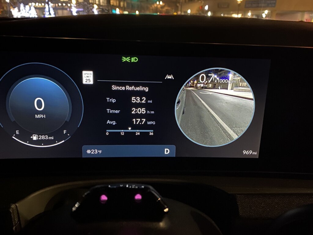 Hyundai shows why it’s a leader in user‑friendly tech with verbal traffic camera alerts, blind spot camera views that display on the dashboard and a clean wraparound LED screen that looks modern and upscale.