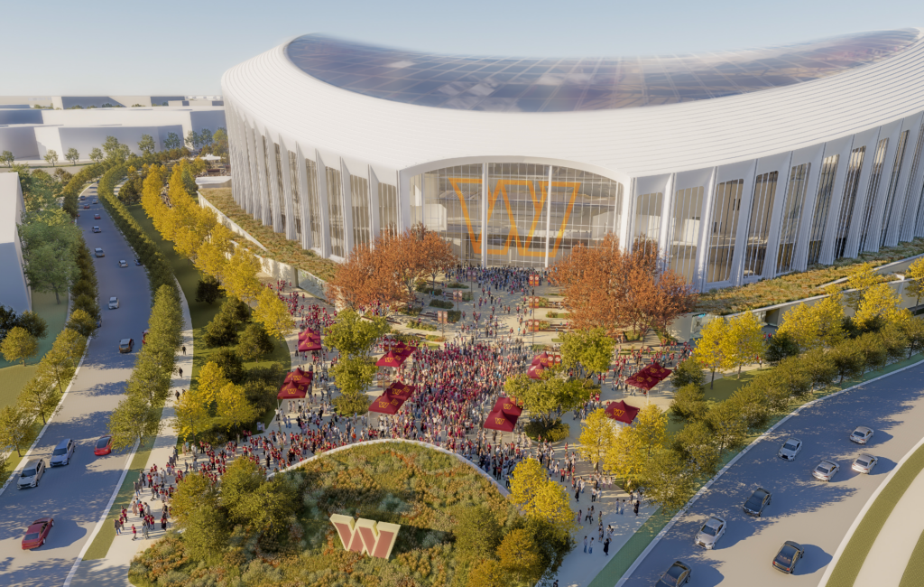 The new renderings emphasize green space, where the front plaza could be used for tailgating and other fan gatherings.