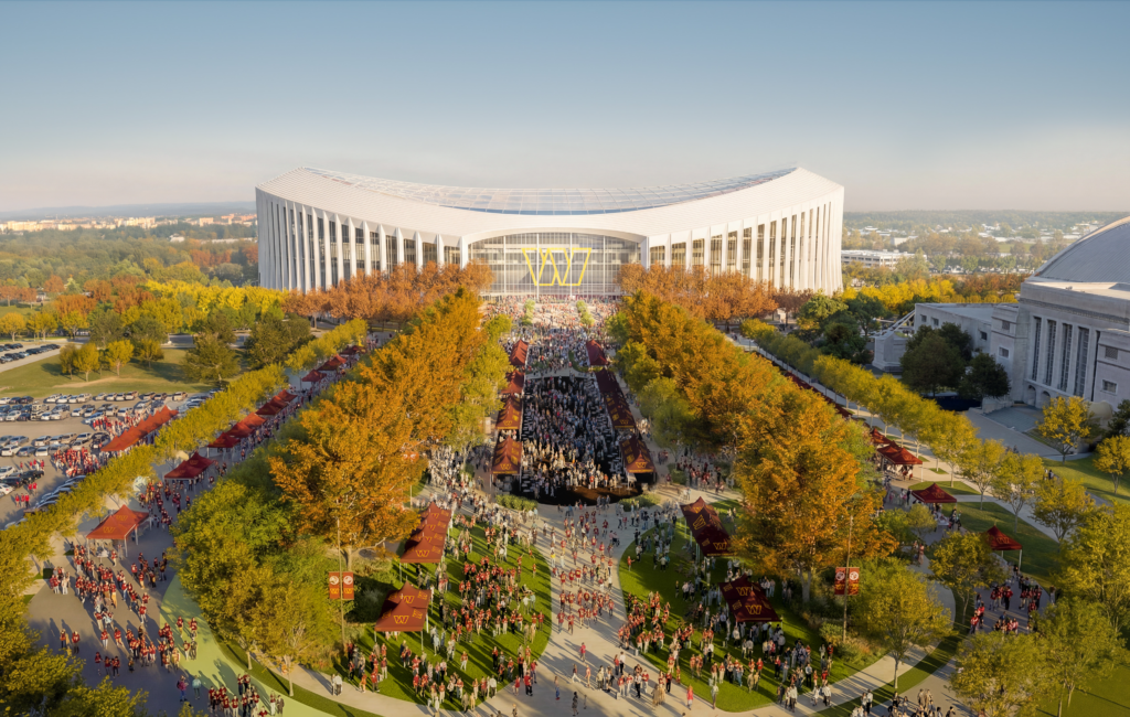 The new renderings emphasize green space, where the front plaza could be used for tailgating and other fan gatherings.