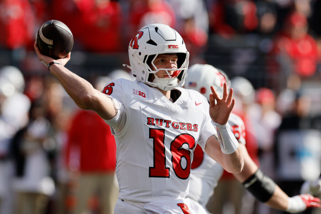 Rutgers quarterback Athan Kaliakmanis throws a pass during the first half of an NCAA college football game against Ohio State, Saturday, Nov. 22, 2025, in Columbus, Ohio. (AP Photo/Jay LaPrete)