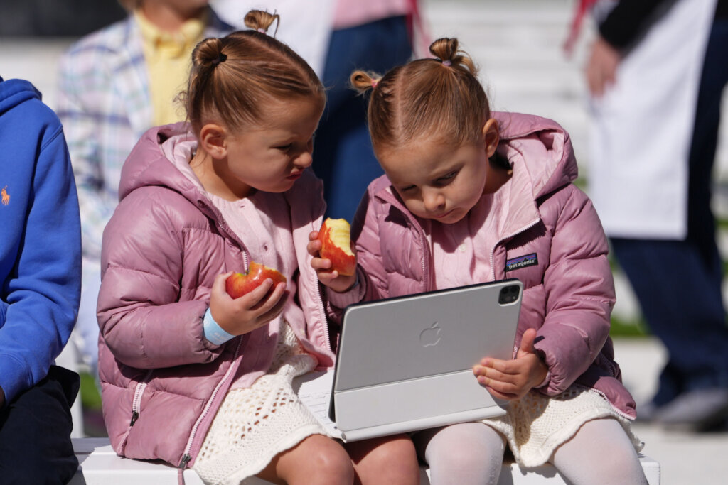 Children are seen at the White House Easter Egg Roll on the South Lawn of the White House, Monday, April 6, 2026, in D.C. (AP Photo/Julia Demaree Nikhinson)
