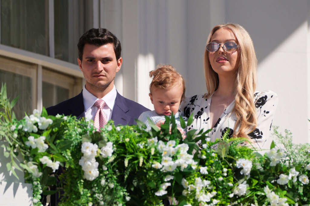 President Donald Trump's daughter Tiffany Trump with son Alexander and spouse Michael Boulos as they participate in the White House Easter Egg Roll on the South Lawn of the White House, Monday, April 6, 2026, in D.C. (AP Photo/Alex Brandon)
