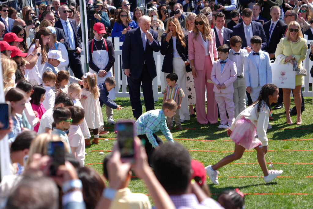 President Donald Trump and first lady Melania Trump participate in the White House Easter Egg Roll on the South Lawn of the White House, Monday, April 6, 2026, in D.C. (AP Photo/Julia Demaree Nikhinson)