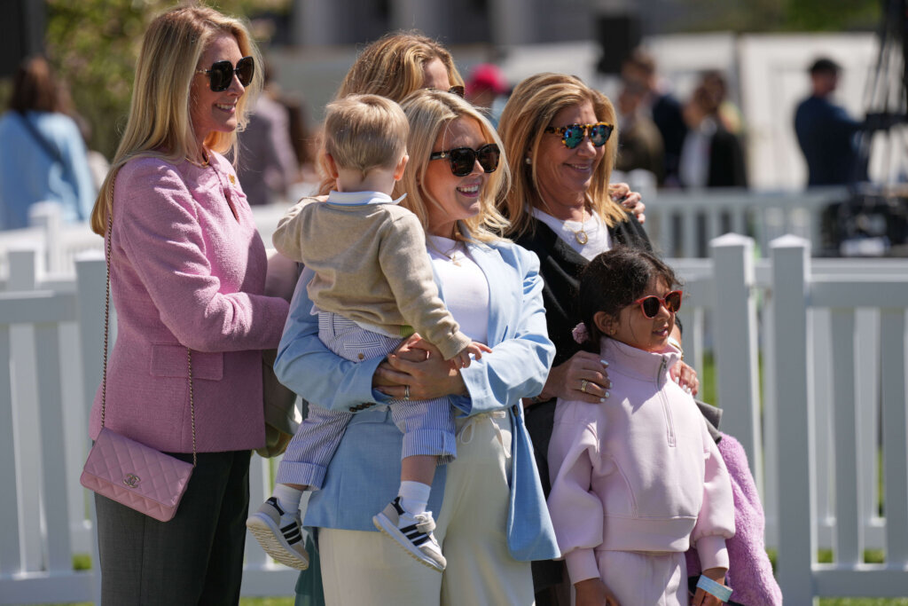 White House press secretary Karoline Leavitt, center, participates in the White House Easter Egg Roll on the South Lawn of the White House, Monday, April 6, 2026, in D.C. (AP Photo/Mark Schiefelbein)