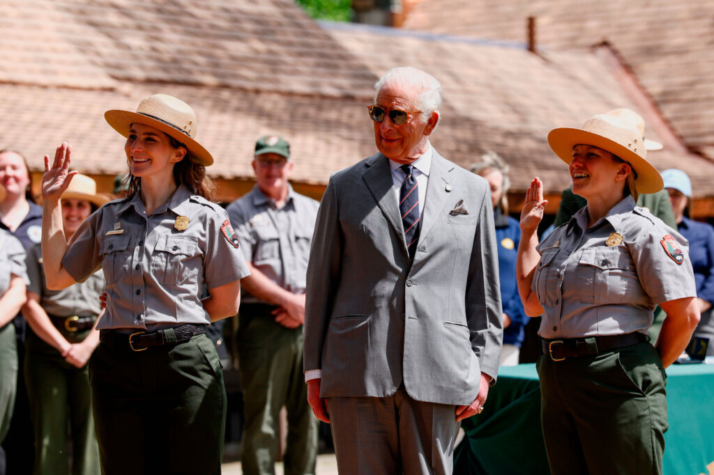 Britain's King Charles III watches as junior rangers are sworn in during a visit to the Shenandoah National Park, Thursday, April 30, 2026, Front Royal, Virginia. (Kevin Lamarque/Pool Photo via AP)