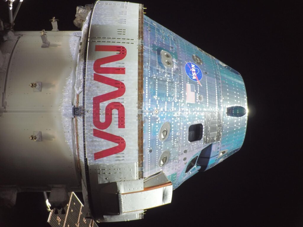 NASA said Orion snapped this high-resolution selfie in space with a camera mounted on one of its solar array wings during a routine external inspection of the spacecraft on Thursday, April 2, 2026. (NASA)