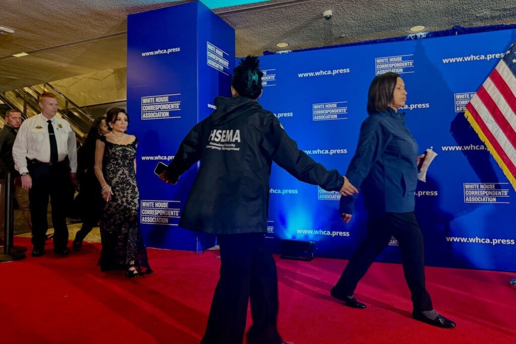 District of Columbia Mayor Muriel Bowser walks into a news conference following a shooting at the White House Correspondents’ Association Dinner Saturday. (WTOP/Jimmy Alexander)