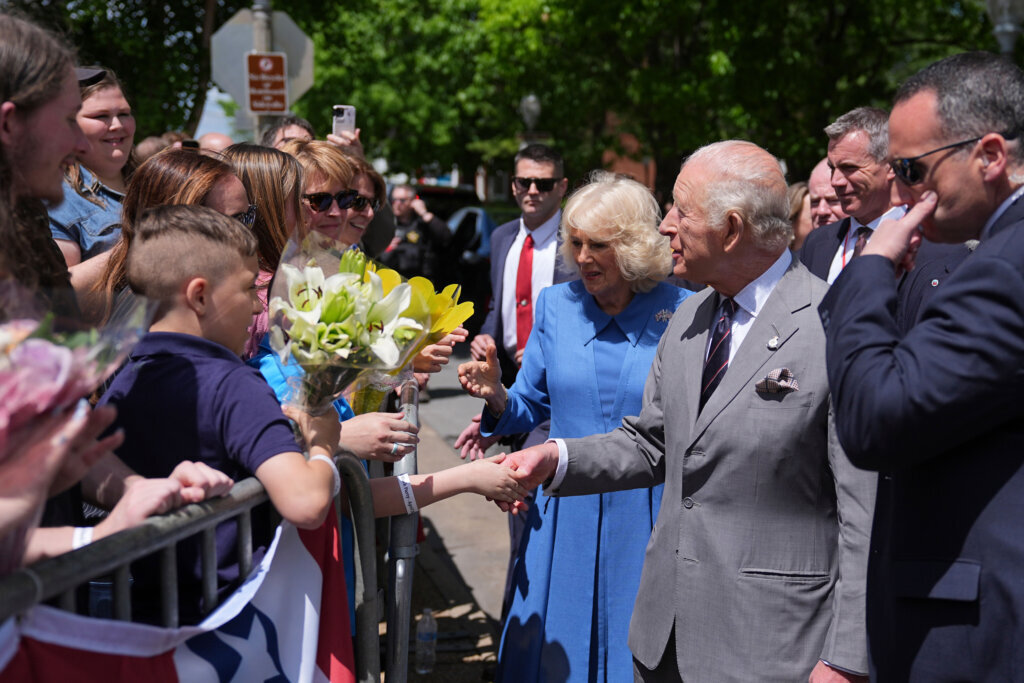 Britain's King Charles III and Queen Camilla greet people during a parade on the final day of their state visit, Thursday, April 30, 2026 in Front Royal, Virginia.(AP Photo/Matt Rourke, Pool)