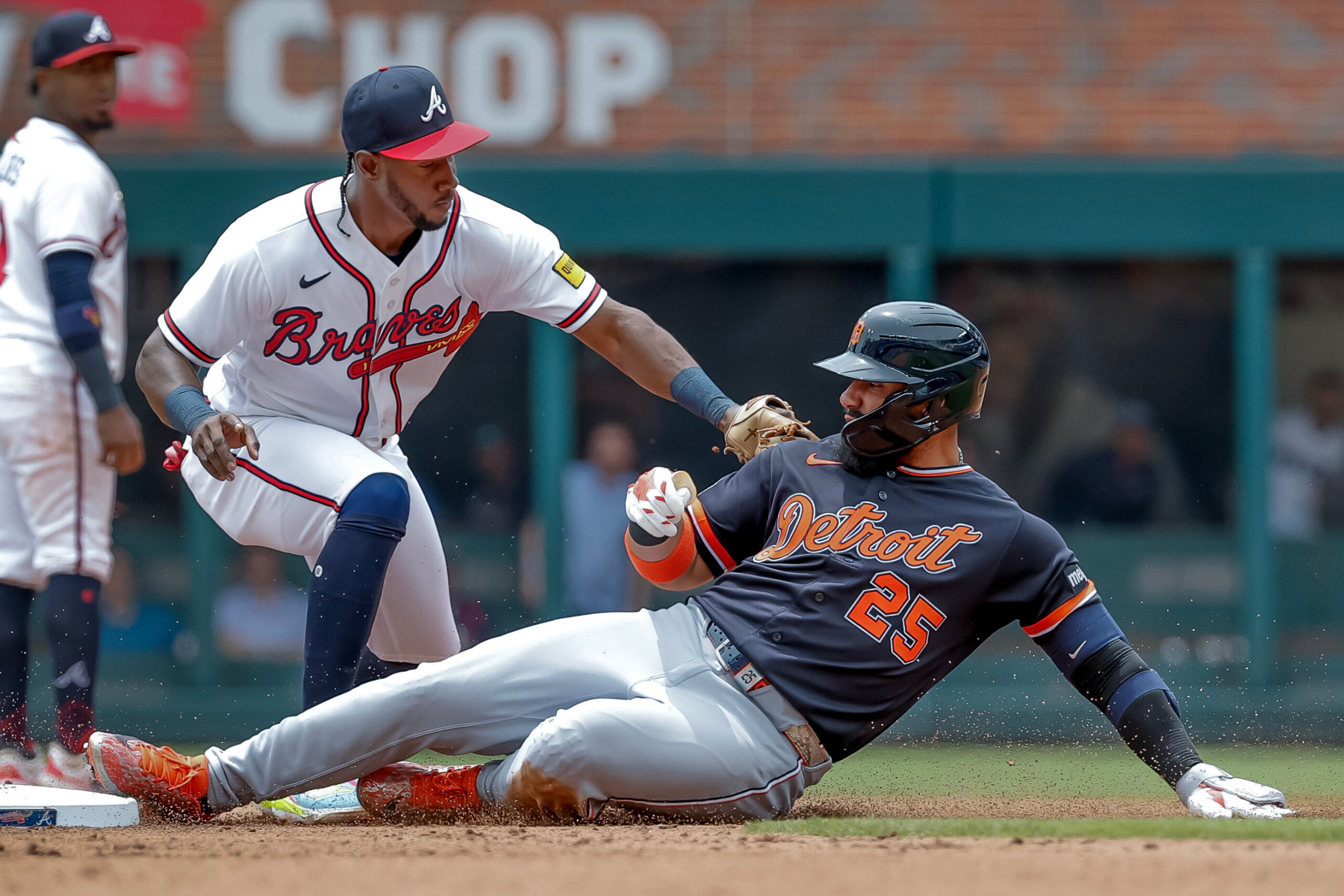 Detroit Tigers' Gleyber Torres (25) is tagged out by Atlanta Braves shortstop Jorge Mateo (2)