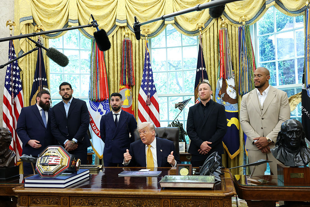 U.S. President Donald Trump speaks to the media as he meets with UFC fighters (L-R) Alex Pereira, Ilia Topuria, Justin Gaethje and Ciryl Gane in the Oval Office of the White House on May 6, 2026 in D.C. (Photo by Anna Moneymaker/Getty Images)